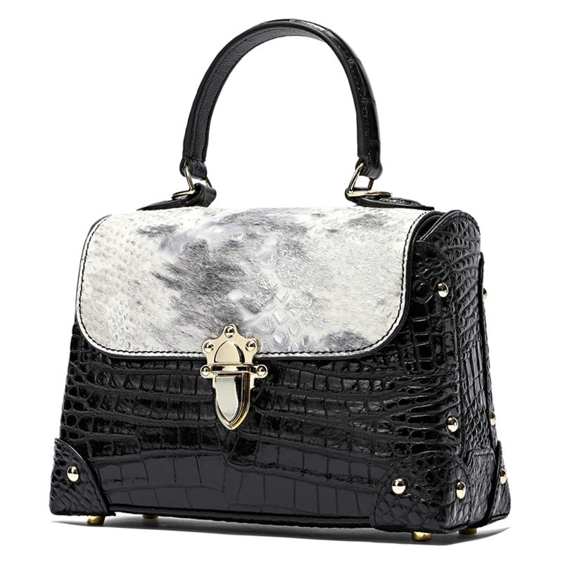 Cowhide Crocodile-Striped Tote Bag 23cm Retro Style