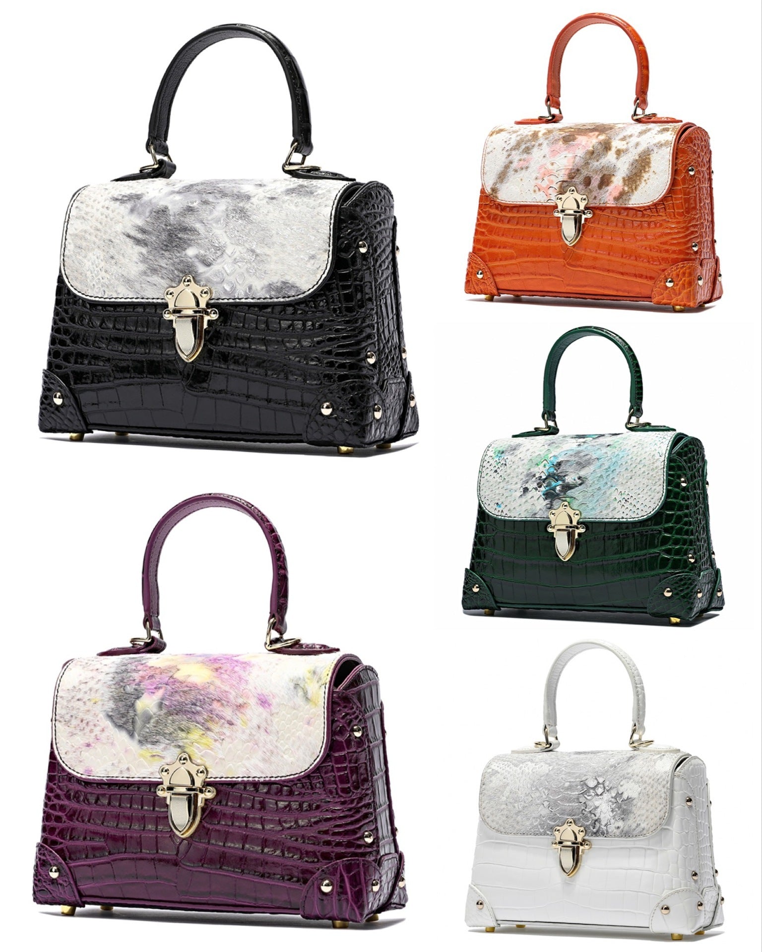 Cowhide Crocodile-Striped Tote Bag 23cm Retro Style