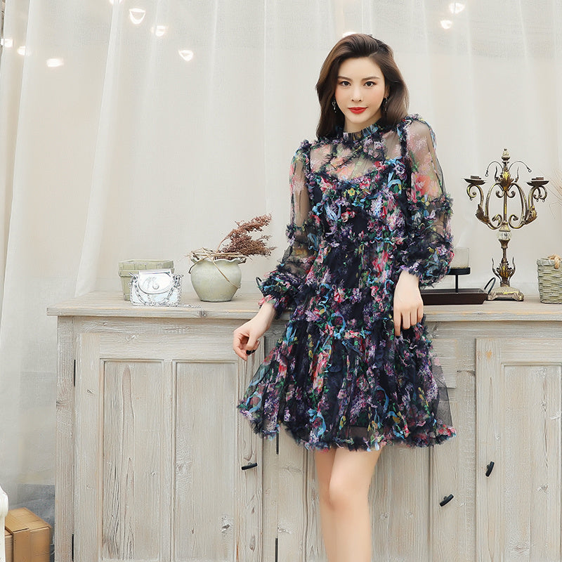 Spring Fairy Dress Sweet First Love Super Fairy French Long Dress Mesh Floral Skirt Summer Princess Dress