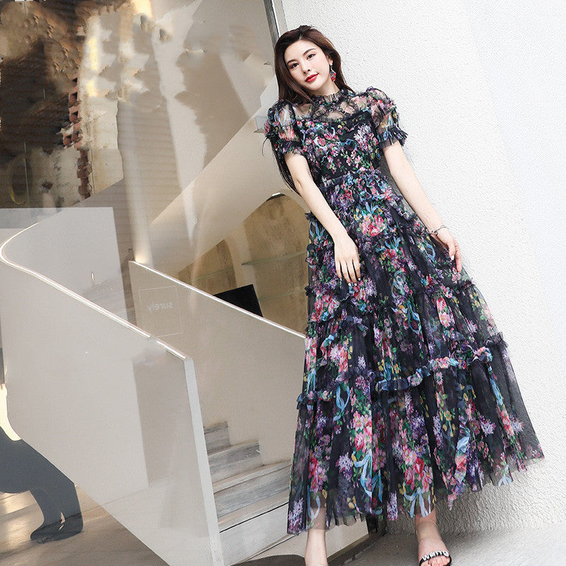 Spring Fairy Dress Sweet First Love Super Fairy French Long Dress Mesh Floral Skirt Summer Princess Dress