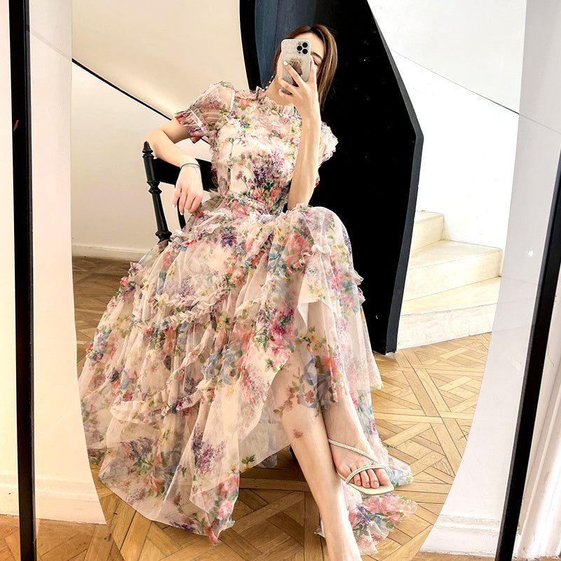 Spring Fairy Dress Sweet First Love Super Fairy French Long Dress Mesh Floral Skirt Summer Princess Dress