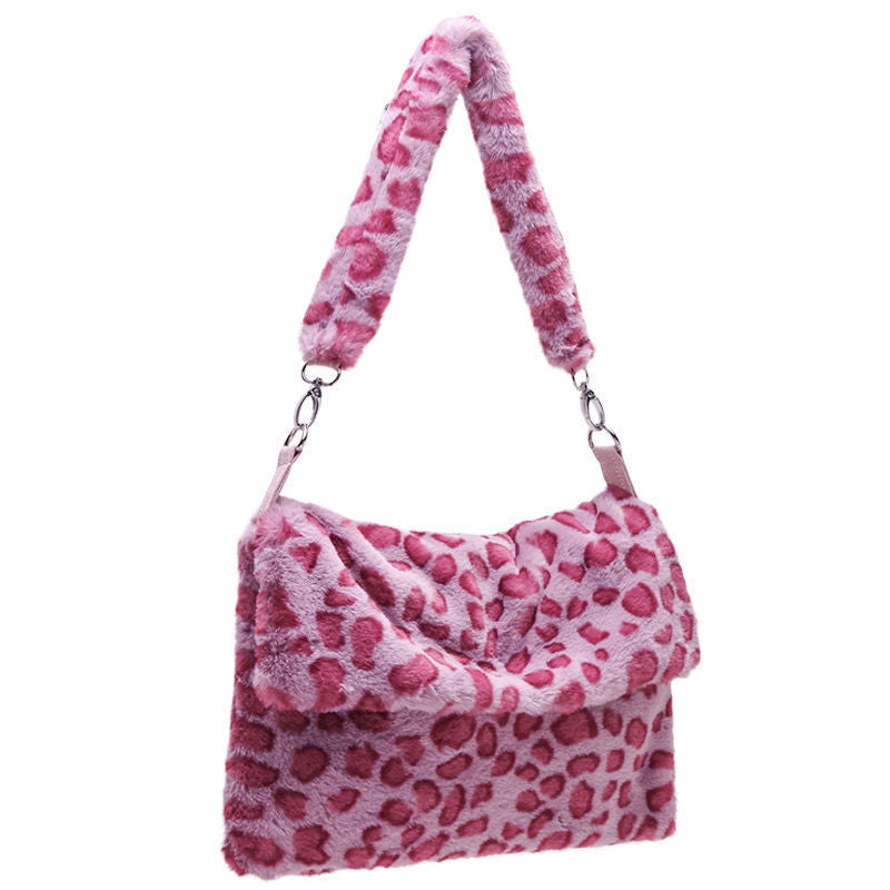 Sac à bandoulière carré en peluche imprimé léopard 34x25cm