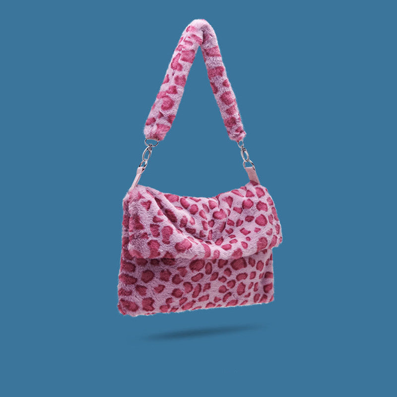 Sac à bandoulière carré en peluche imprimé léopard 34x25cm