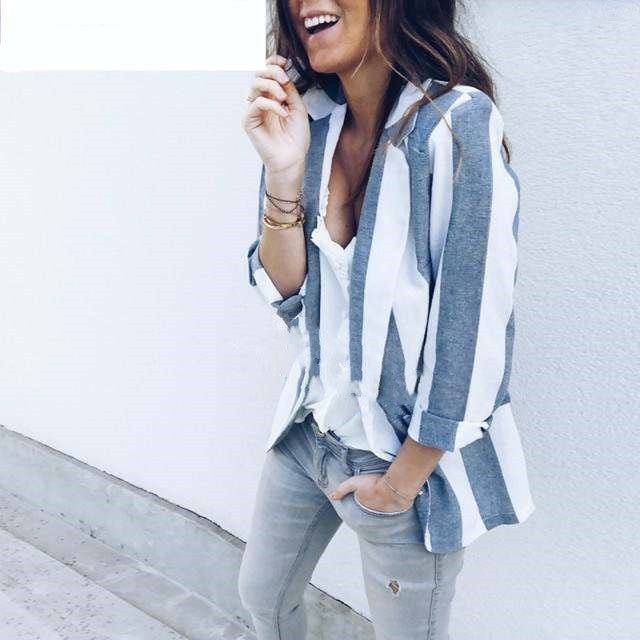 Work Blue Striped Long Sleeve Blazer for Women S-XL