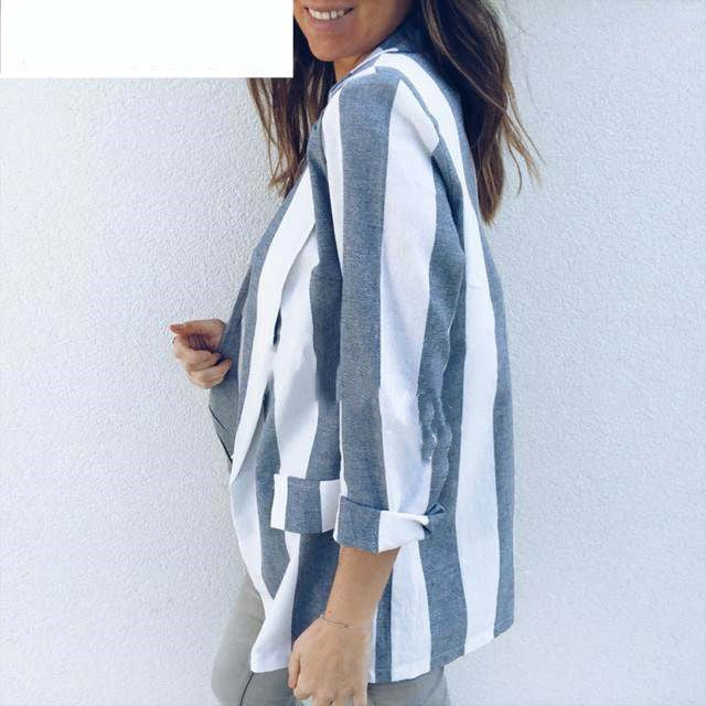Work Blue Striped Long Sleeve Blazer for Women S-XL