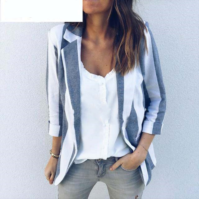 Work Blue Striped Long Sleeve Blazer for Women S-XL