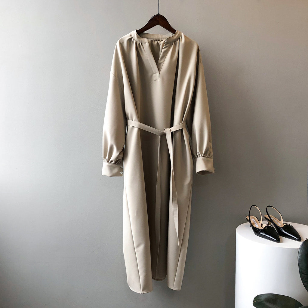 V-Neck Loose Waist Lace Long Sleeve Elegant Long Skirt Dress
