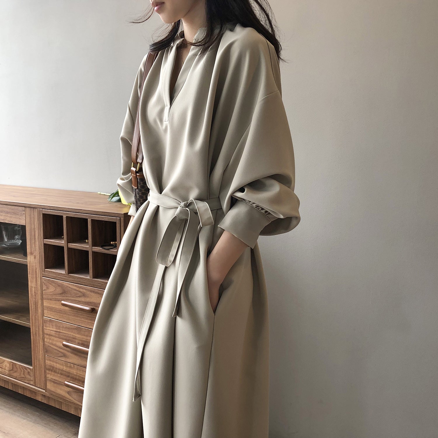 V-Neck Loose Waist Lace Long Sleeve Elegant Long Skirt Dress