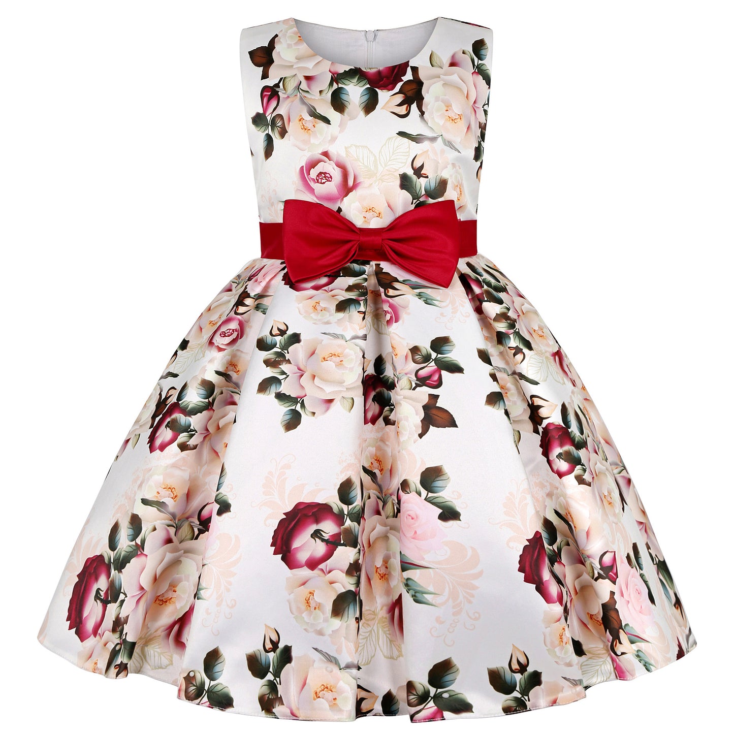 New Children Wedding Dress Rose Print Princess Birthday Party Show New Year Bow