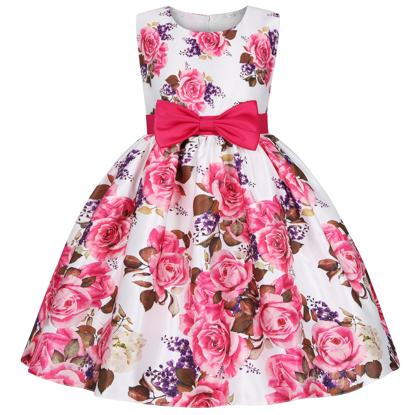 New Children Wedding Dress Rose Print Princess Birthday Party Show New Year Bow