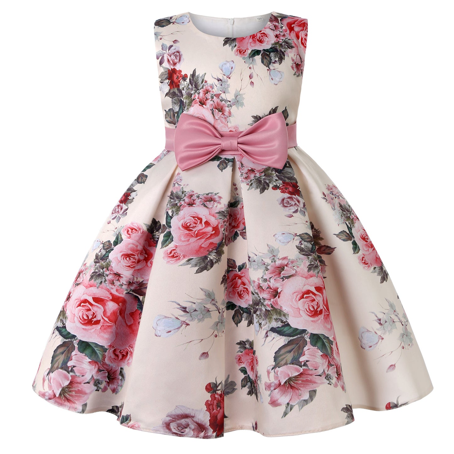 New Children Wedding Dress Rose Print Princess Birthday Party Show New Year Bow
