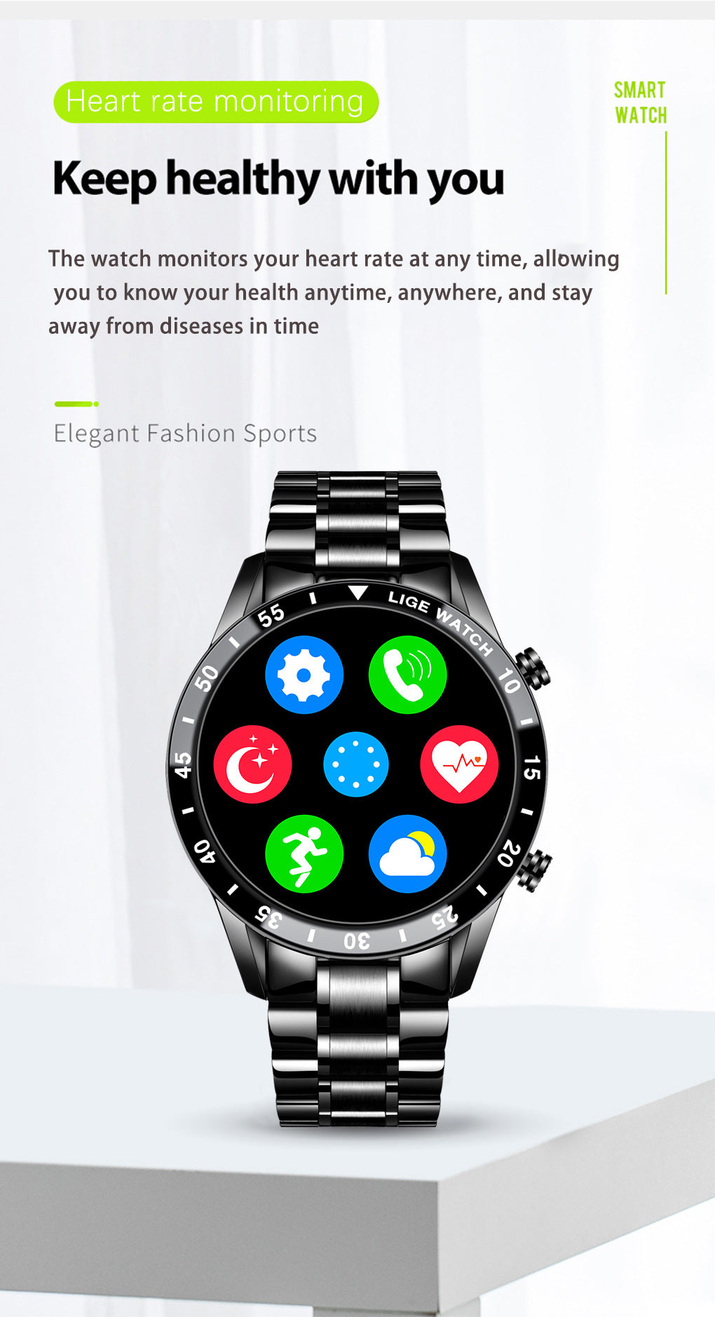Lige 1.3" Smart Watch with Health Monitoring & Waterproof Design