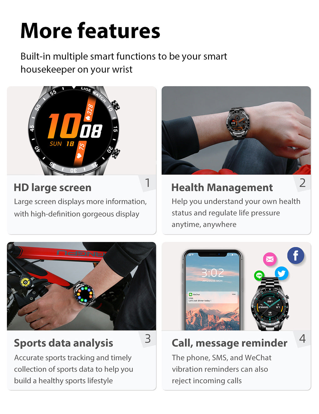 Lige 1.3" Smart Watch with Health Monitoring & Waterproof Design