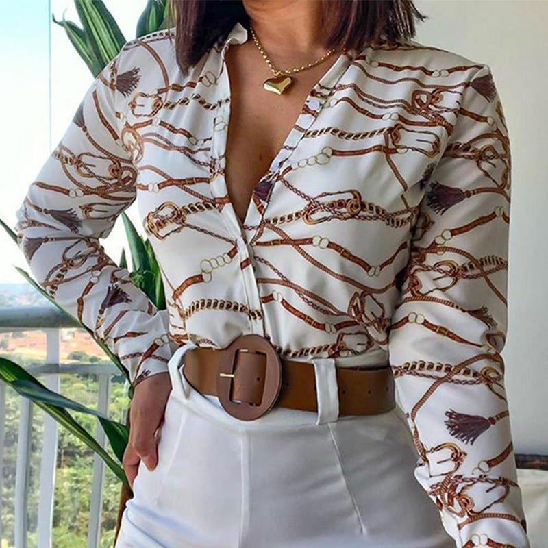 Digital Print Stand-Up Collar Long Sleeve Shirt Polyester White