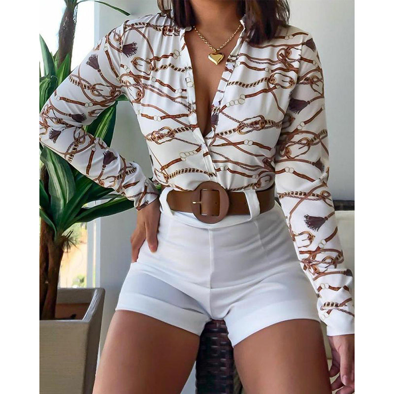Digital Print Stand-Up Collar Long Sleeve Shirt Polyester White