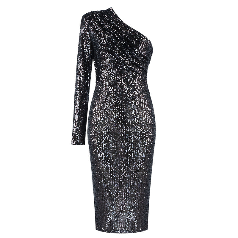 Robe de Soirée à Paillettes Asymétrique avec Col Oblique et Poitrine Drappée