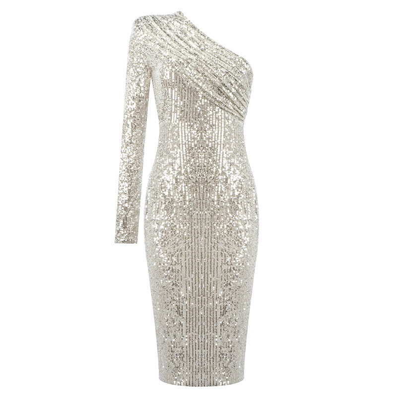 Robe de Soirée à Paillettes Asymétrique avec Col Oblique et Poitrine Drappée