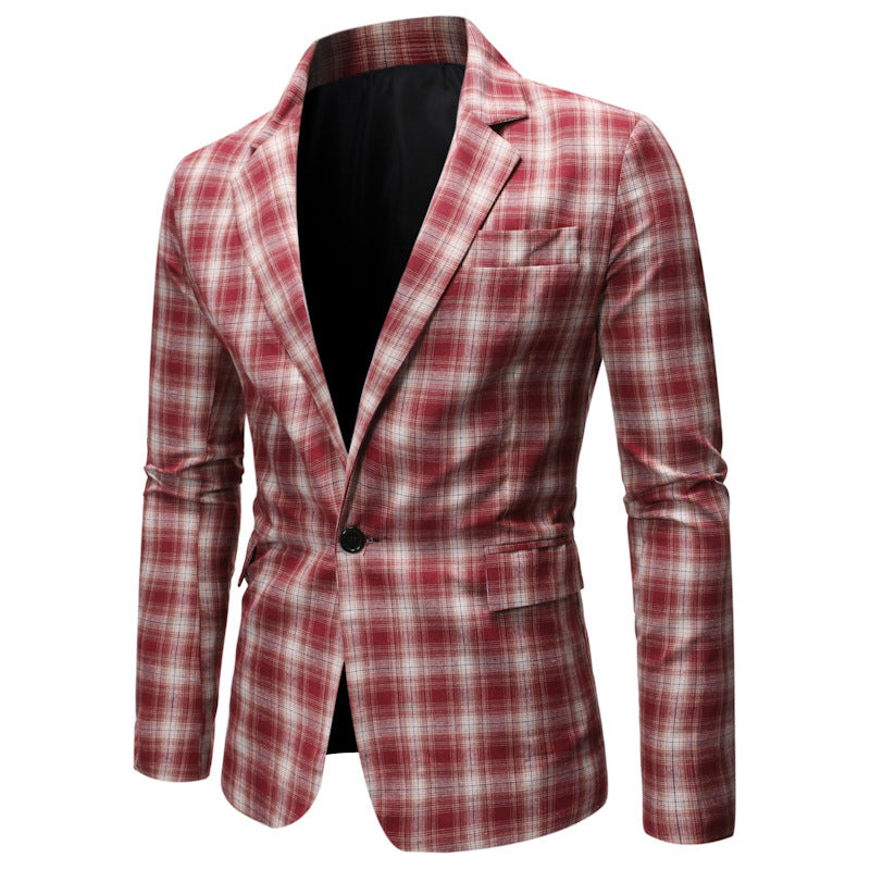 Casual Men's Cotton Suit with Red, Black, or White Grid Patterns S-XXL