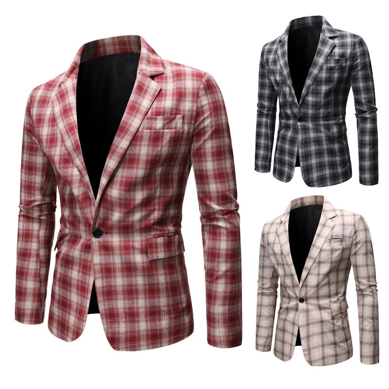 Casual Men's Cotton Suit with Red, Black, or White Grid Patterns S-XXL