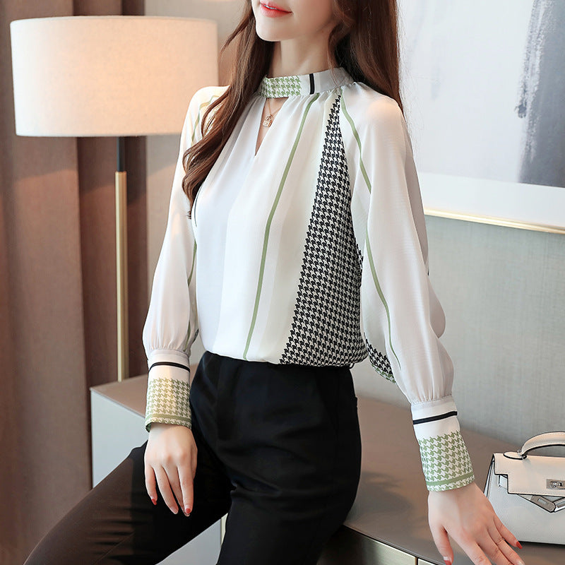 Retro V-Neck Cotton Blend Chiffon Shirt with Print
