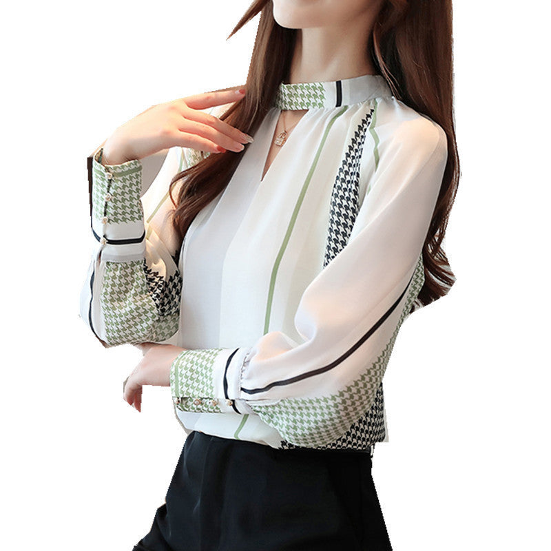 Retro V-Neck Cotton Blend Chiffon Shirt with Print