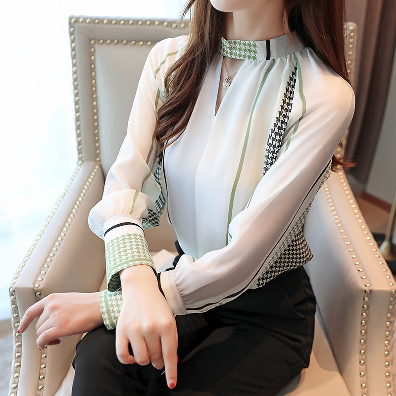 Retro V-Neck Cotton Blend Chiffon Shirt with Print