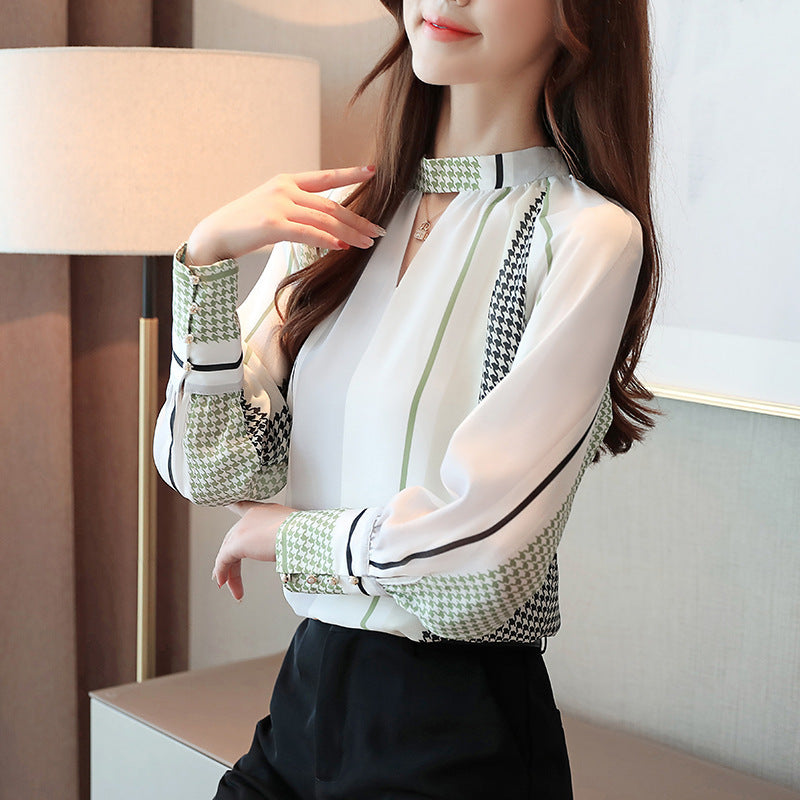Retro V-Neck Cotton Blend Chiffon Shirt with Print