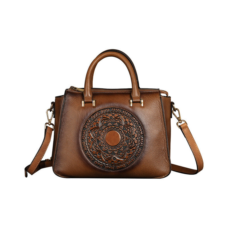 Sac à main rétro en cuir de vachette à motif floral Totem carré pour femme