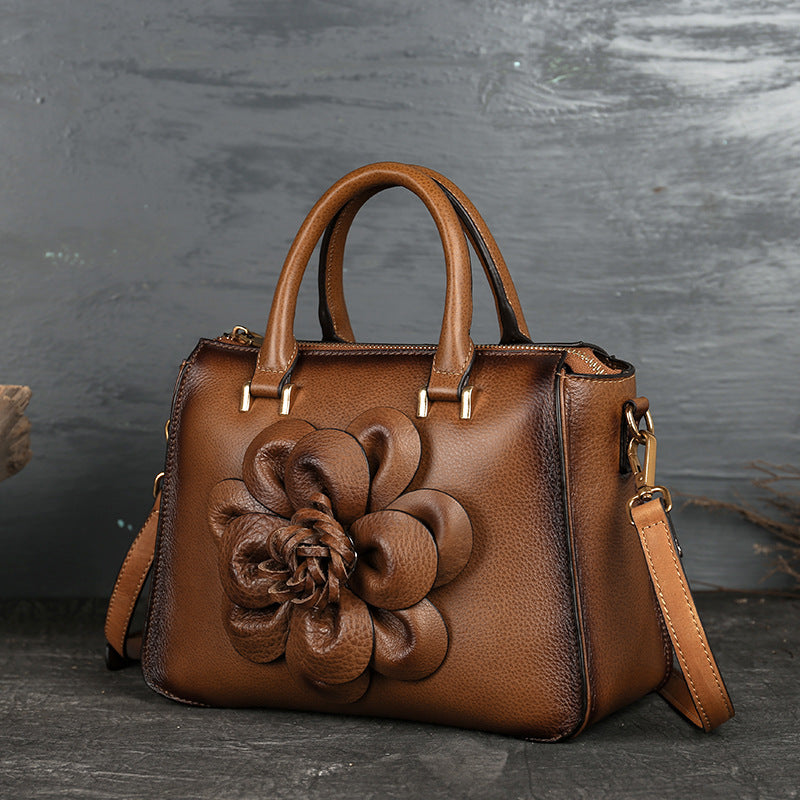 Sac à main rétro en cuir de vachette à motif floral Totem carré pour femme