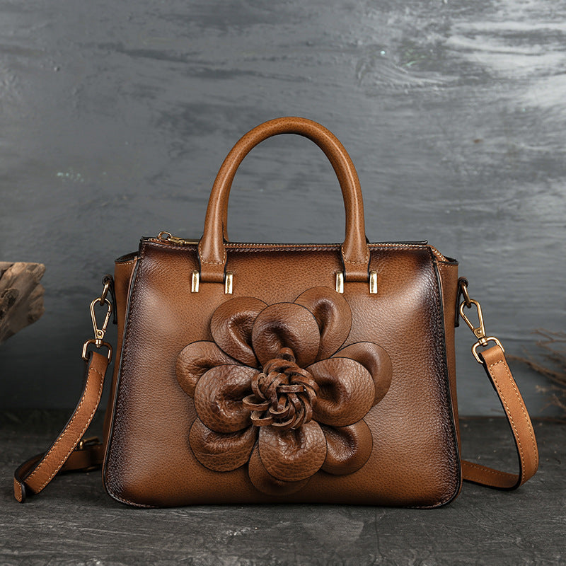 Sac à main rétro en cuir de vachette à motif floral Totem carré pour femme