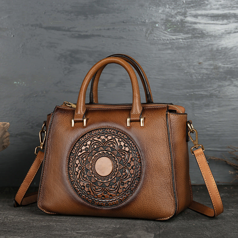 Sac à main rétro en cuir de vachette à motif floral Totem carré pour femme
