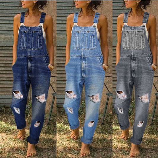 Ladies' Denim Overalls With Holes And Thinner