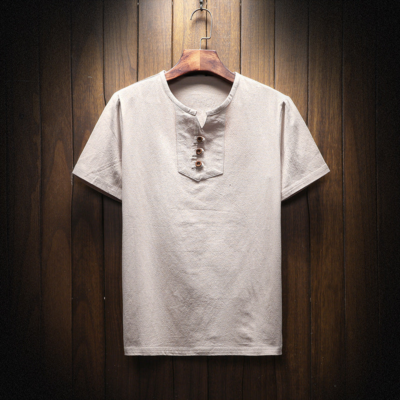T-shirt décontracté à manches courtes en coton et lin de couleur unie