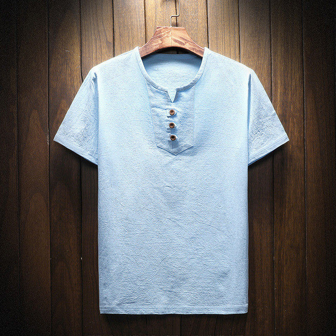T-shirt décontracté à manches courtes en coton et lin de couleur unie