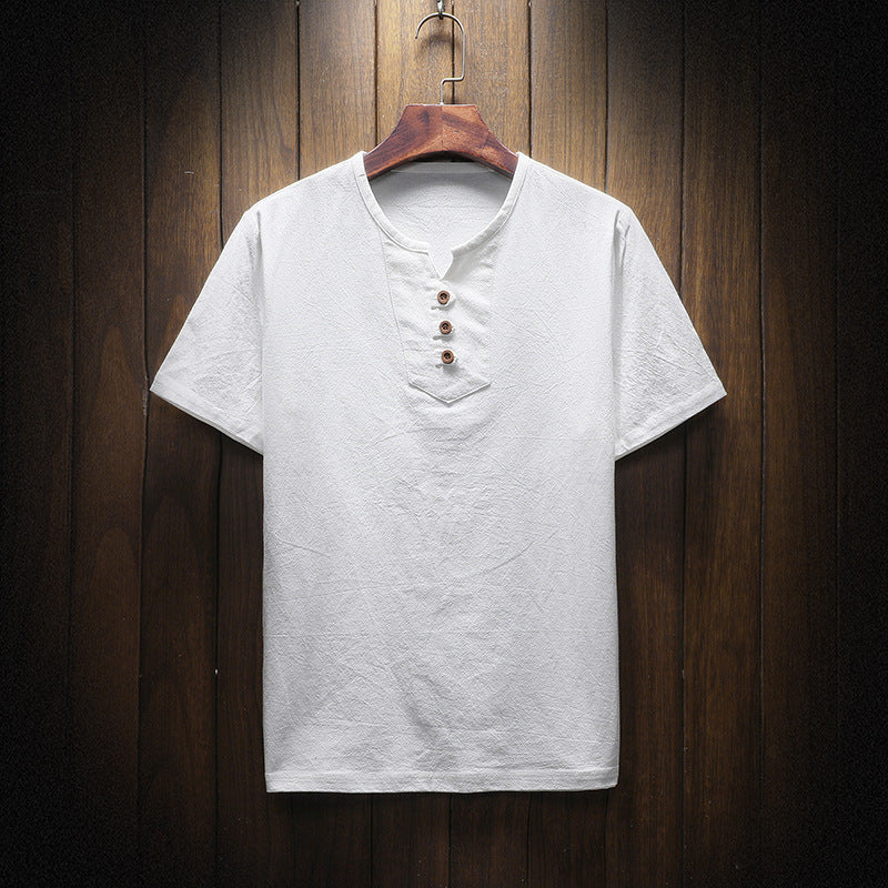 T-shirt décontracté à manches courtes en coton et lin de couleur unie