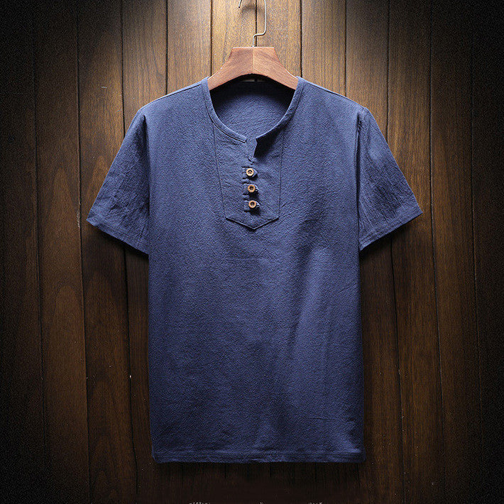 T-shirt décontracté à manches courtes en coton et lin de couleur unie