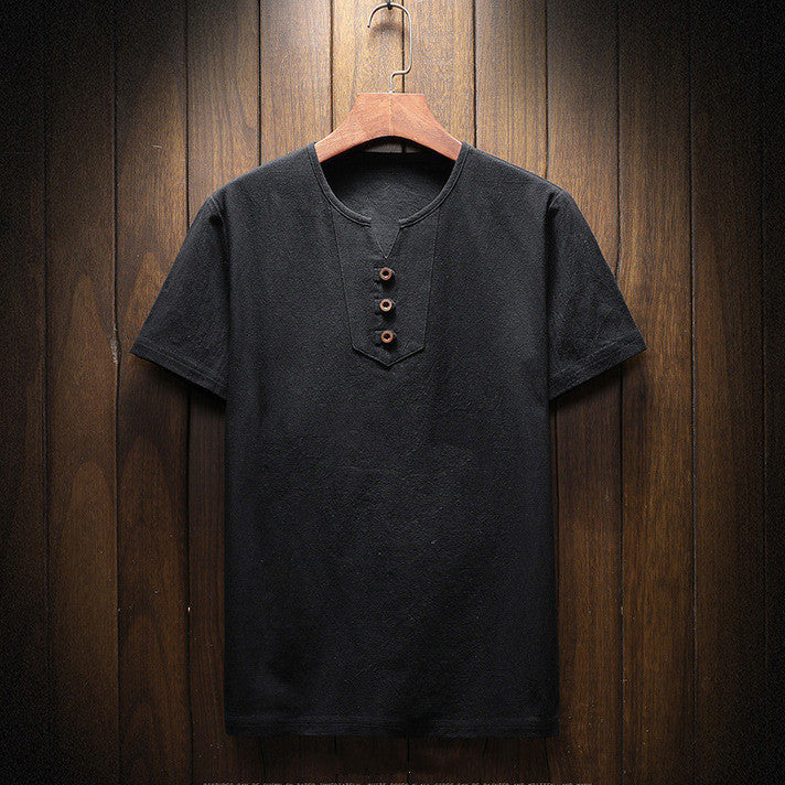 T-shirt décontracté à manches courtes en coton et lin de couleur unie