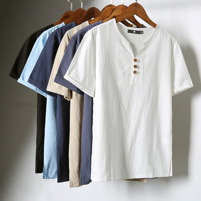 T-shirt décontracté à manches courtes en coton et lin de couleur unie