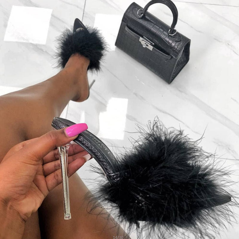 أحذية نسائية شفافة مرصعة بالكريستال بكعب عالٍ، شباشب نسائية من الفرو والريش