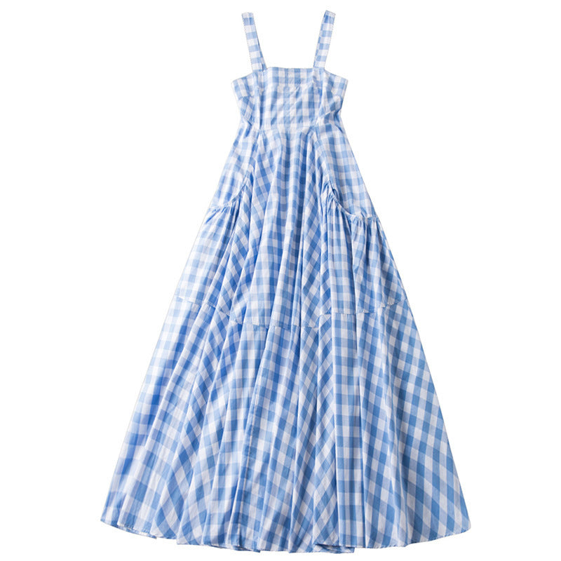 Retro Blue Plaid Mid-Length Dress Sleeveless Square Collar