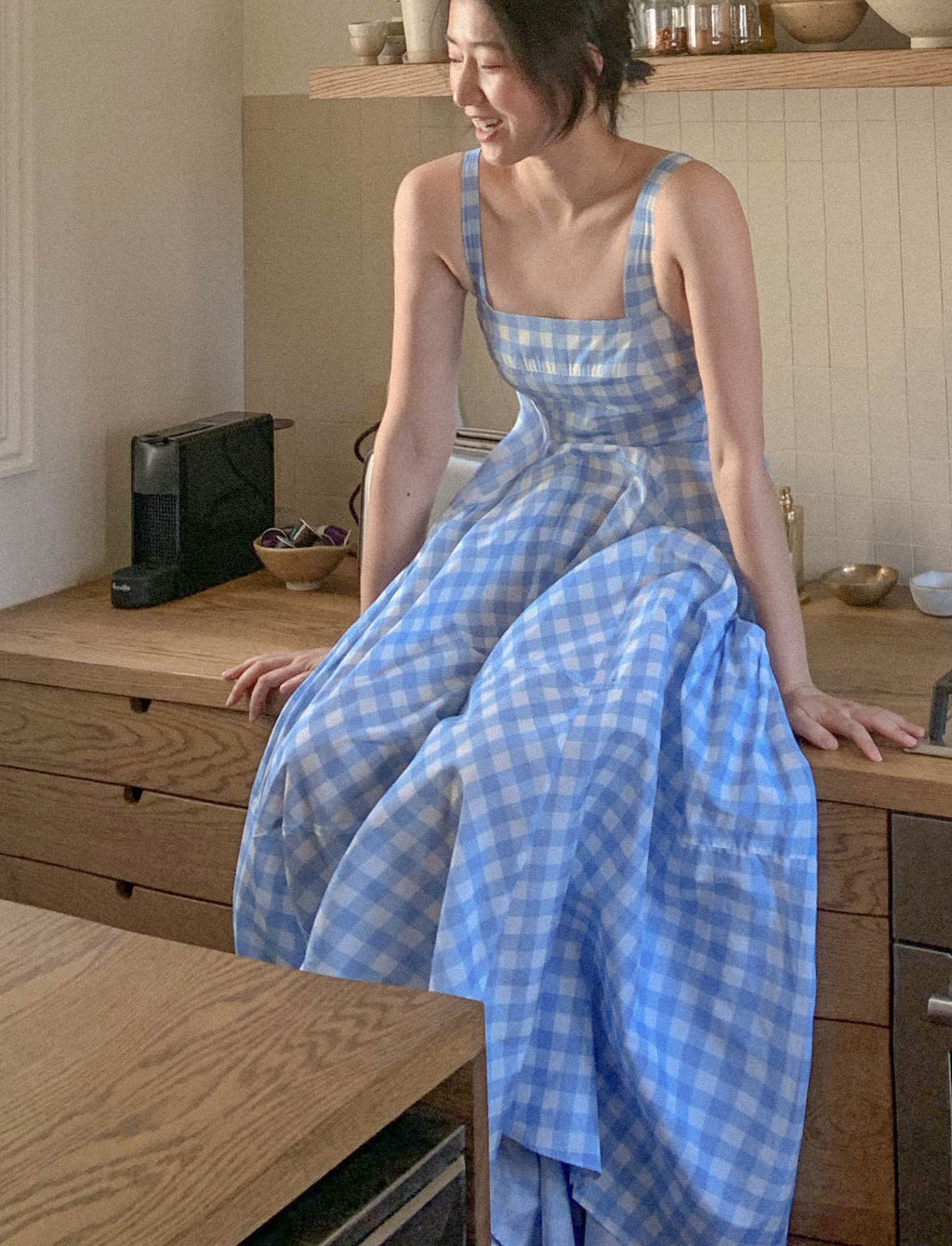 Retro Blue Plaid Mid-Length Dress Sleeveless Square Collar