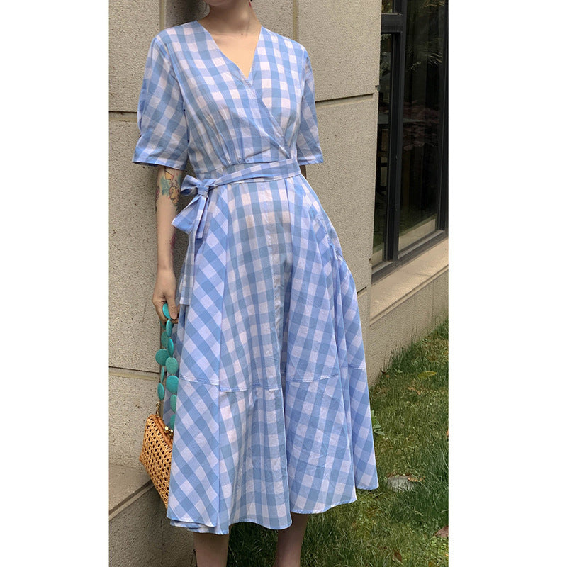 Retro Blue Plaid Mid-Length Dress Sleeveless Square Collar