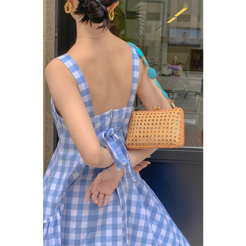 Retro Blue Plaid Mid-Length Dress Sleeveless Square Collar