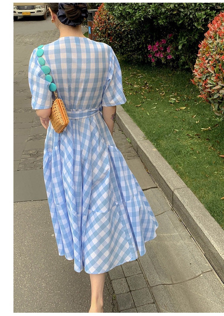 Retro Blue Plaid Mid-Length Dress Sleeveless Square Collar
