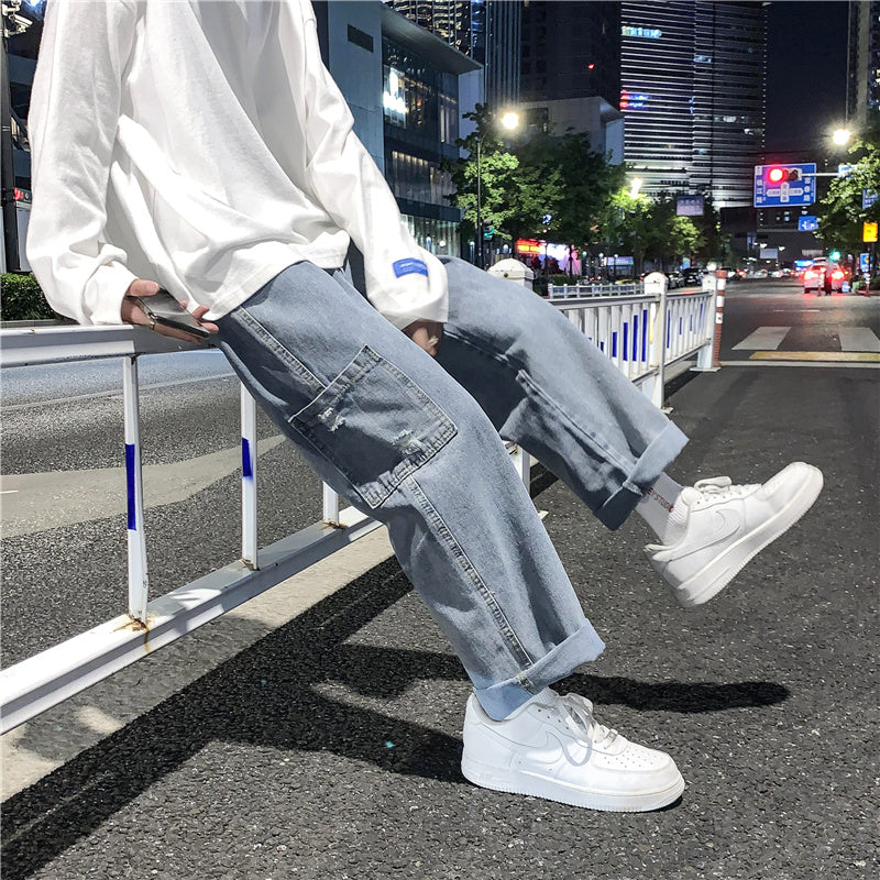 Pantalon en jean taille mi-haute ample à jambe large en coton