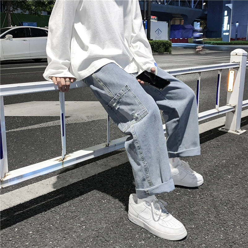 Pantalon en jean taille mi-haute ample à jambe large en coton