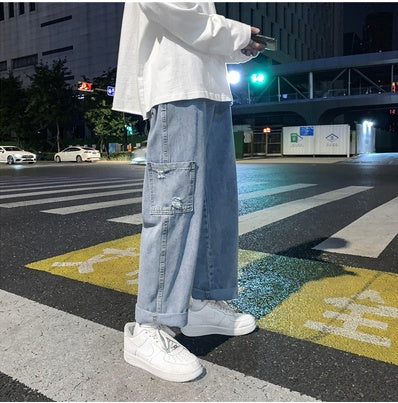 Pantalon en jean taille mi-haute ample à jambe large en coton