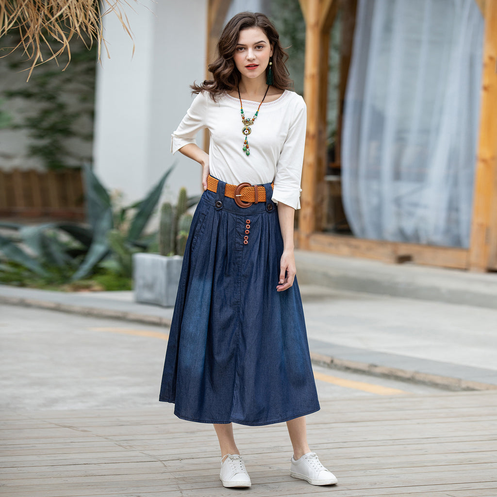 Jupe longue en jean de coton bleu foncé avec taille élastique