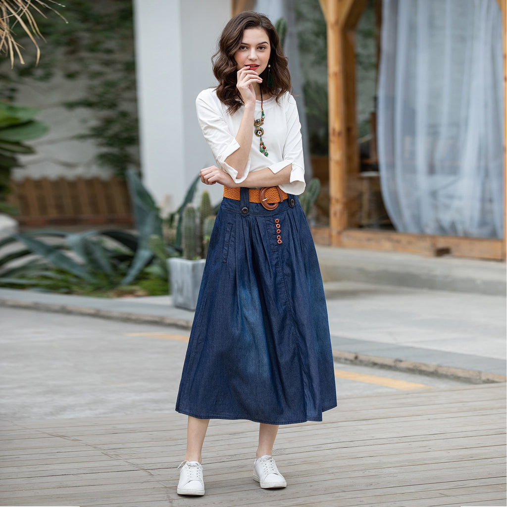 Jupe longue en jean de coton bleu foncé avec taille élastique