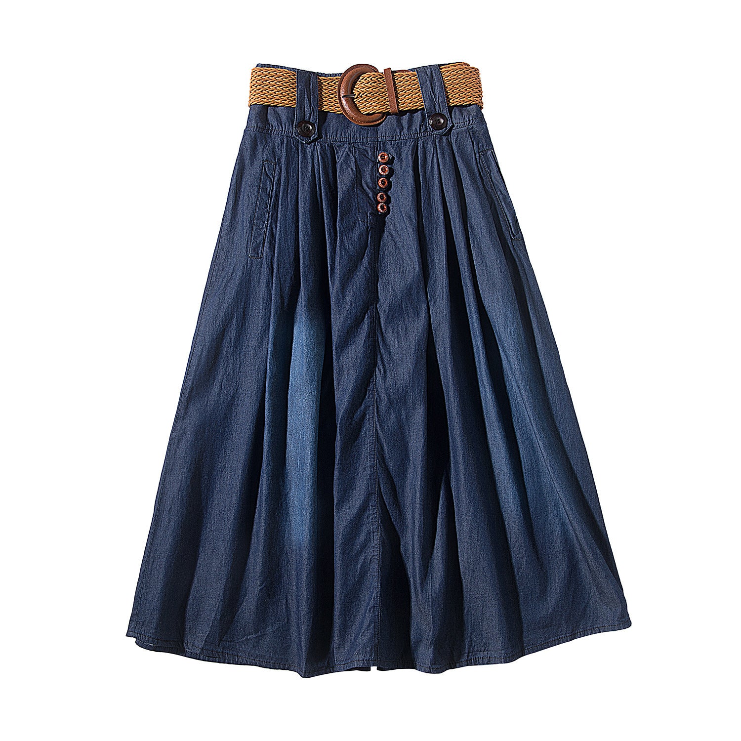 Jupe longue en jean de coton bleu foncé avec taille élastique